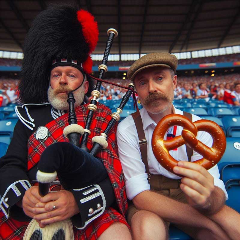 Ein schottischer Fußballfan sitzt neben einem deutschen