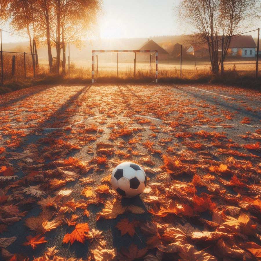 Ein mit Laub bedeckter Fußballplatz (Symbolbild, KI-generiert)