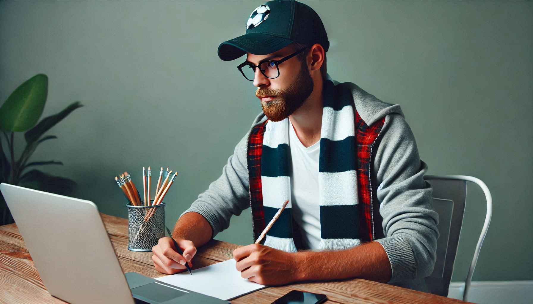 Ein Fußballfan sitzt vor seinem Laptop und macht sich Notizen. Symbolbild.