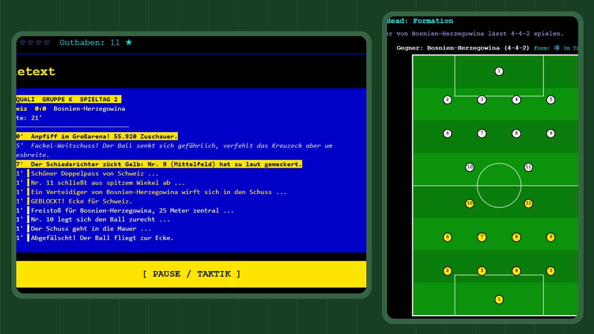 Way to Europe – Retro-Fußballmanager mit Teletex-Spielbericht, Mannschaftsstatistiken und taktischer Aufstellung